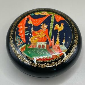 Vintage Russian USSR Palekh Golden Cockerel Lacquer Round 2.5” Trinket Box W/Lid